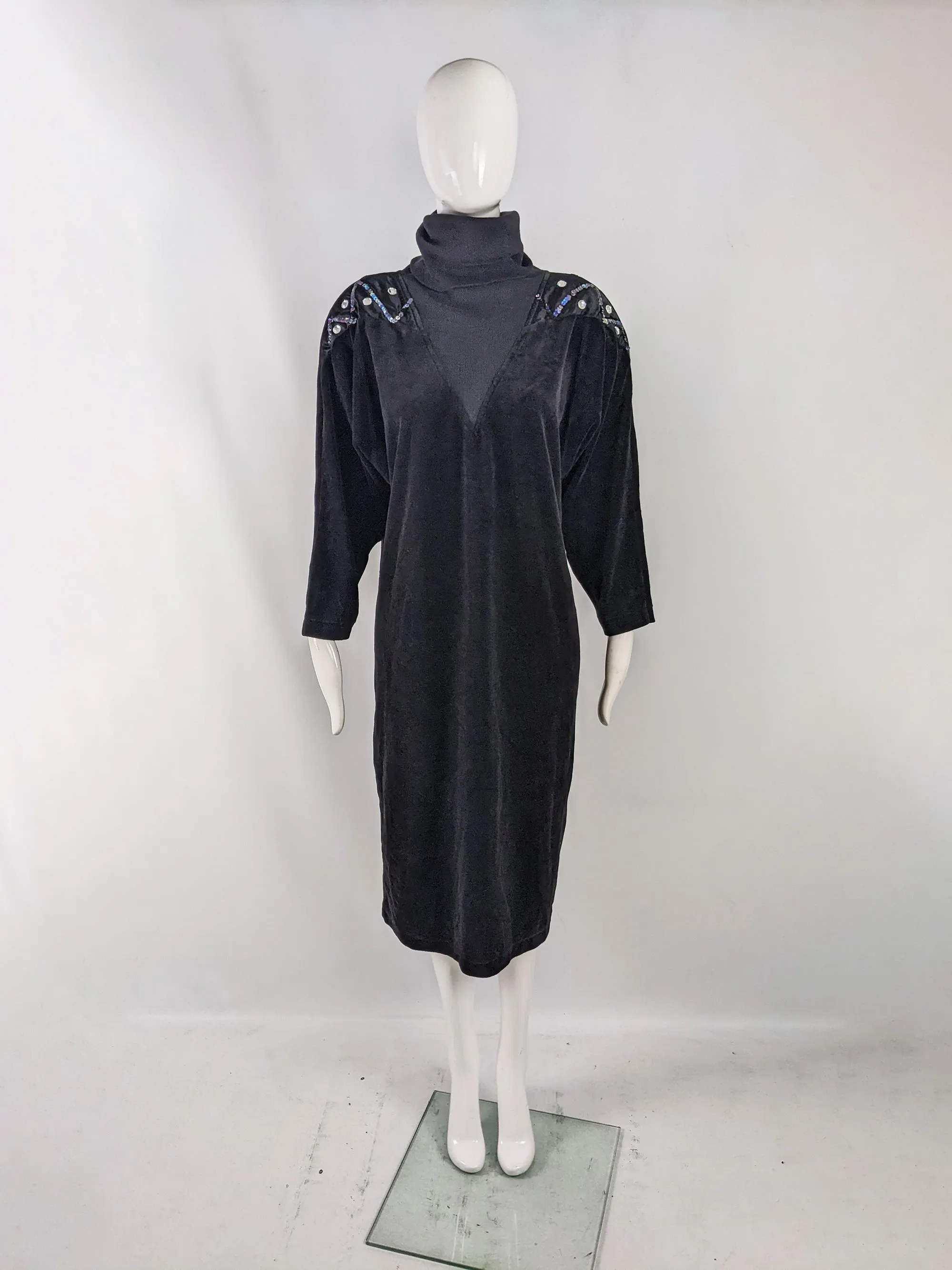 Vintage Black Velour Beaded Oversized Party Dress, 1980s