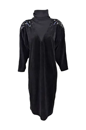 Vintage Black Velour Beaded Oversized Party Dress, 1980s