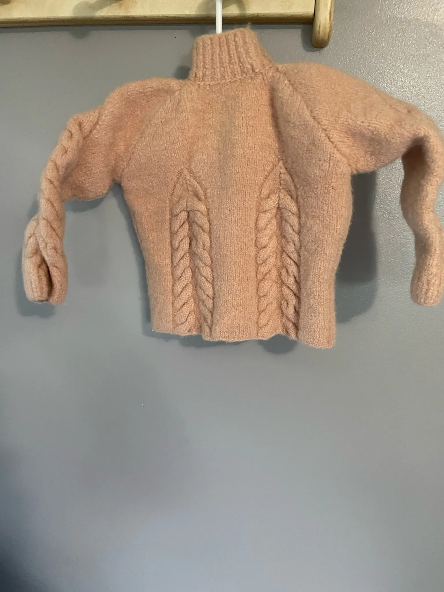 Vintage Boys Size 3-6 Mo. Hand Knitted Beige Sweater Jacket Large Buttons High Neck