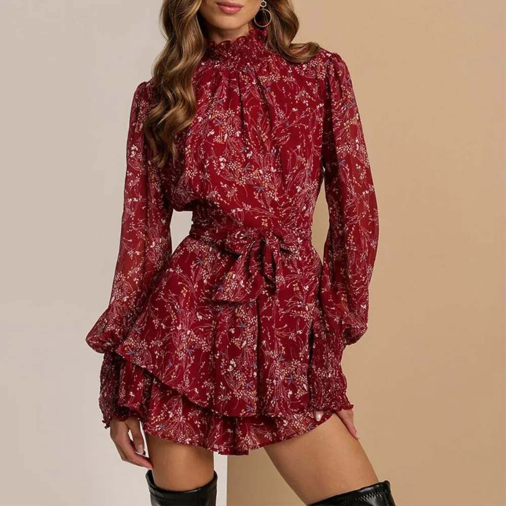 Vintage Perspective Floral Print Mini Turtleneck Long Sleeve Chiffon A Line Dress