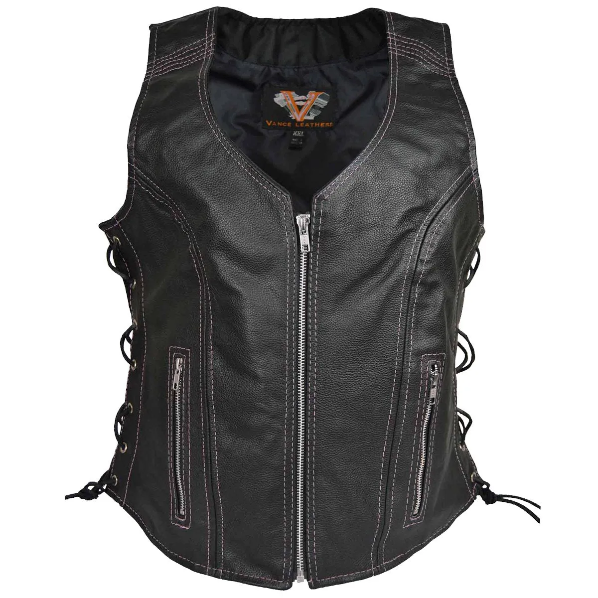 VL1029 Vance Women's Black Lace Side Zipper Pocket Premium Cowhide Leather Biker Motorcycle Vest