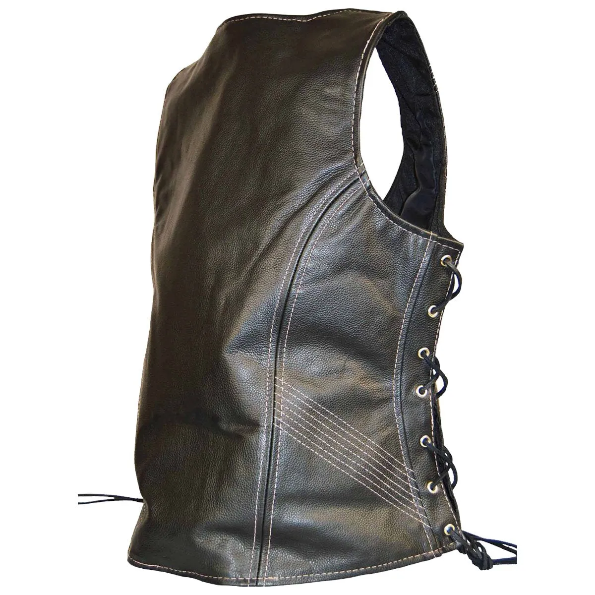 VL1029 Vance Women's Black Lace Side Zipper Pocket Premium Cowhide Leather Biker Motorcycle Vest