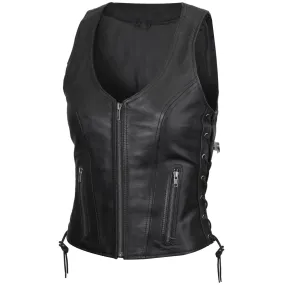 VL1029 Vance Women's Black Lace Side Zipper Pocket Premium Cowhide Leather Biker Motorcycle Vest