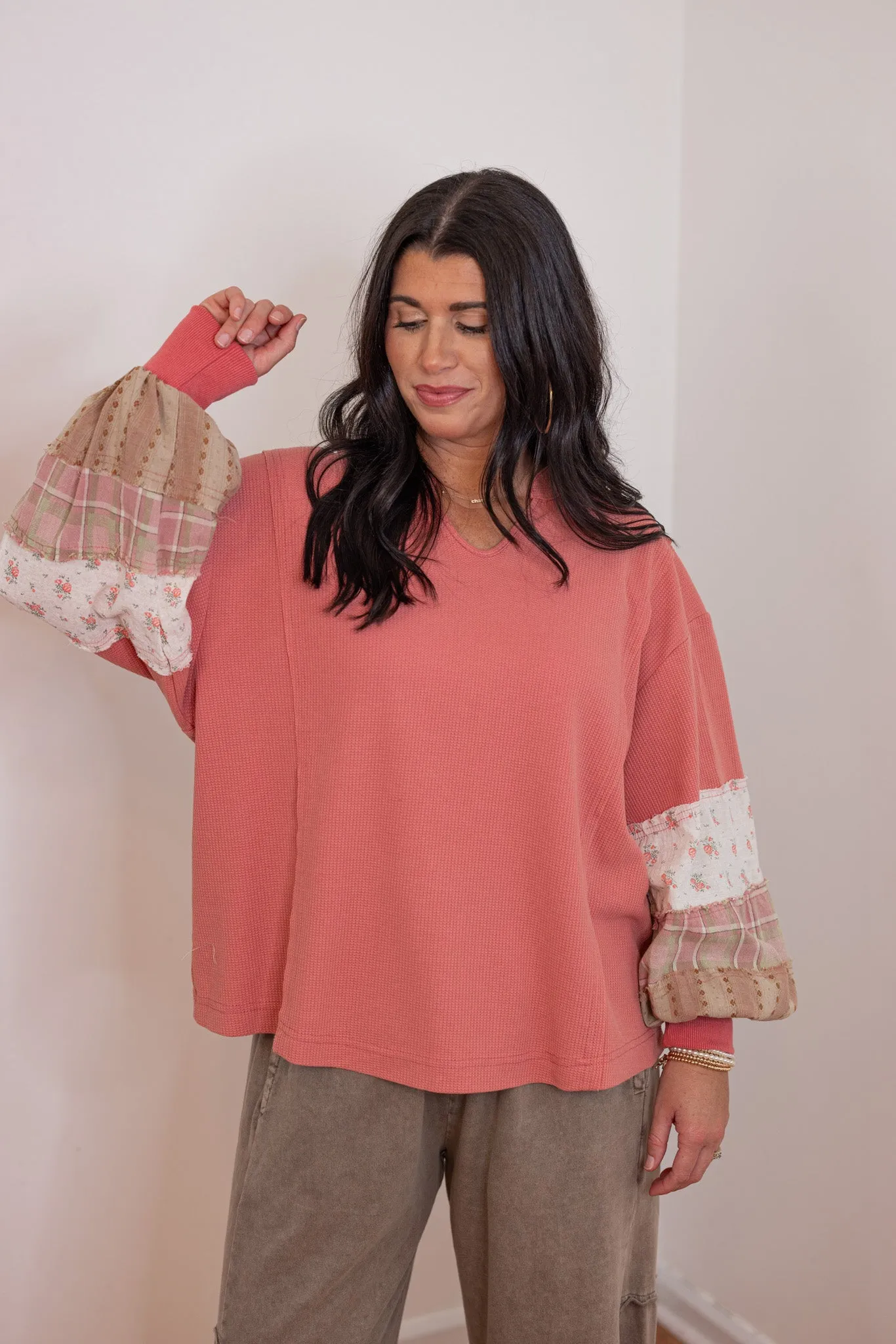 Waffle Knit Patchwork Pink Top