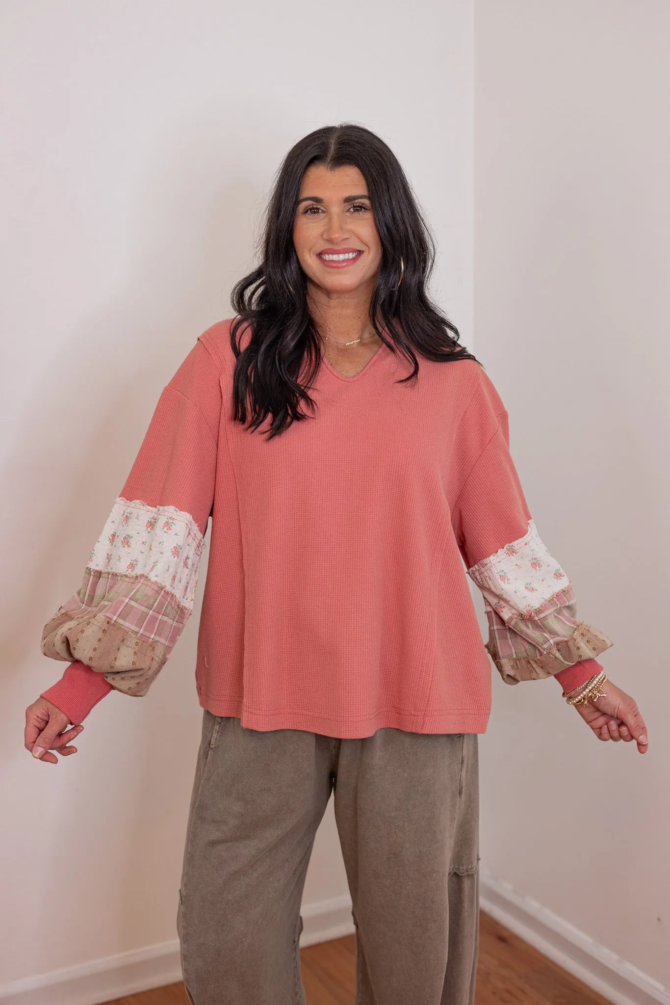 Waffle Knit Patchwork Pink Top