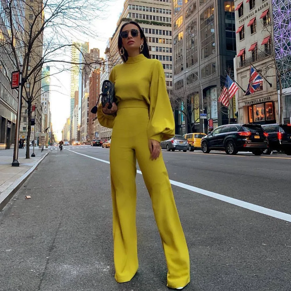 Wenkouban 2022 Women Fashion Elegant Backless Long Sleeve Wide Leg Pant Rompers Chic Turtleneck Solid Office Long Jumpsuit Casual Overalls