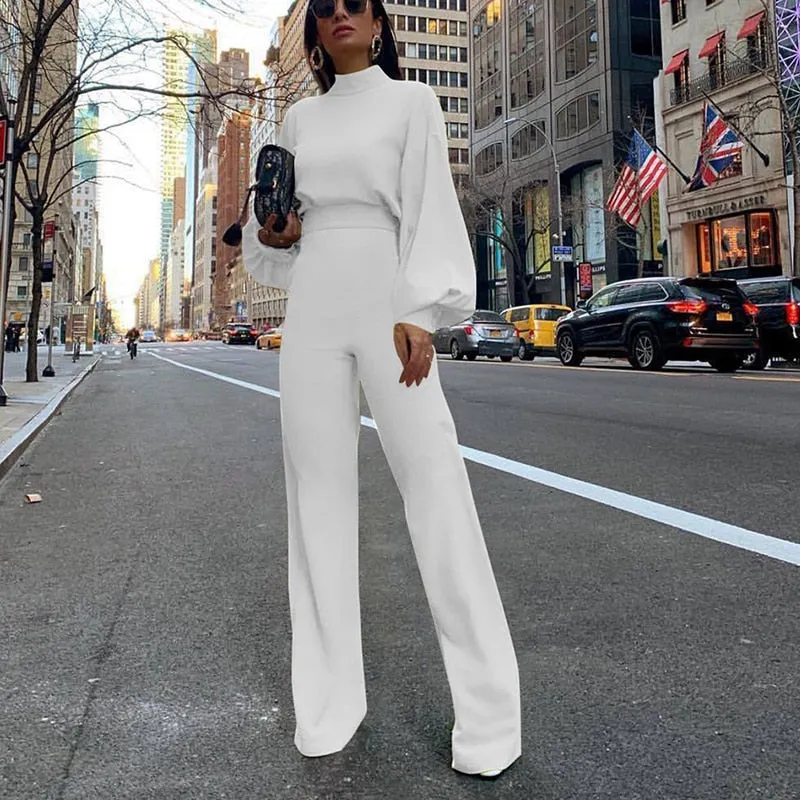 Wenkouban 2022 Women Fashion Elegant Backless Long Sleeve Wide Leg Pant Rompers Chic Turtleneck Solid Office Long Jumpsuit Casual Overalls