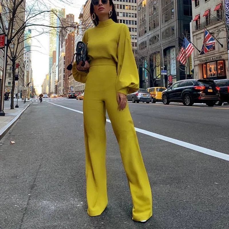 Wenkouban 2022 Women Fashion Elegant Backless Long Sleeve Wide Leg Pant Rompers Chic Turtleneck Solid Office Long Jumpsuit Casual Overalls