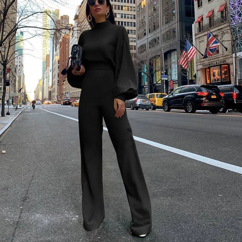 Wenkouban 2022 Women Fashion Elegant Backless Long Sleeve Wide Leg Pant Rompers Chic Turtleneck Solid Office Long Jumpsuit Casual Overalls