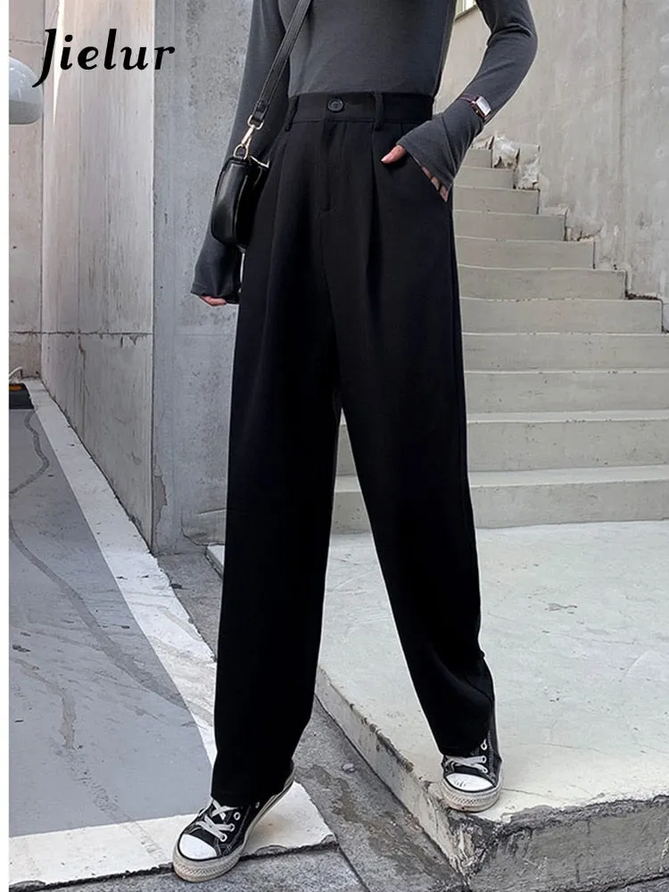 Wenkouban Black Suit Pants Women Spring Office Lady Straight Trousers Solid Color High Waist Pockets Pants Gray Button Zipper Pants