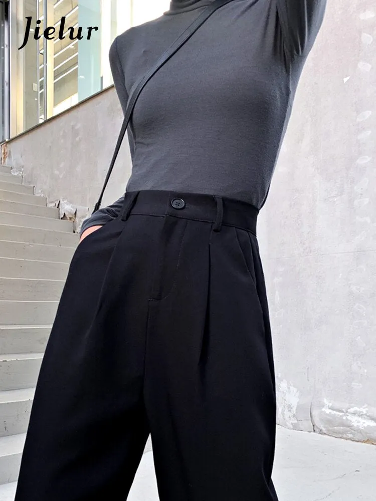 Wenkouban Black Suit Pants Women Spring Office Lady Straight Trousers Solid Color High Waist Pockets Pants Gray Button Zipper Pants