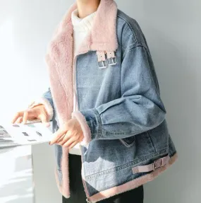 White Faux Fur High Collar Denim Jacket