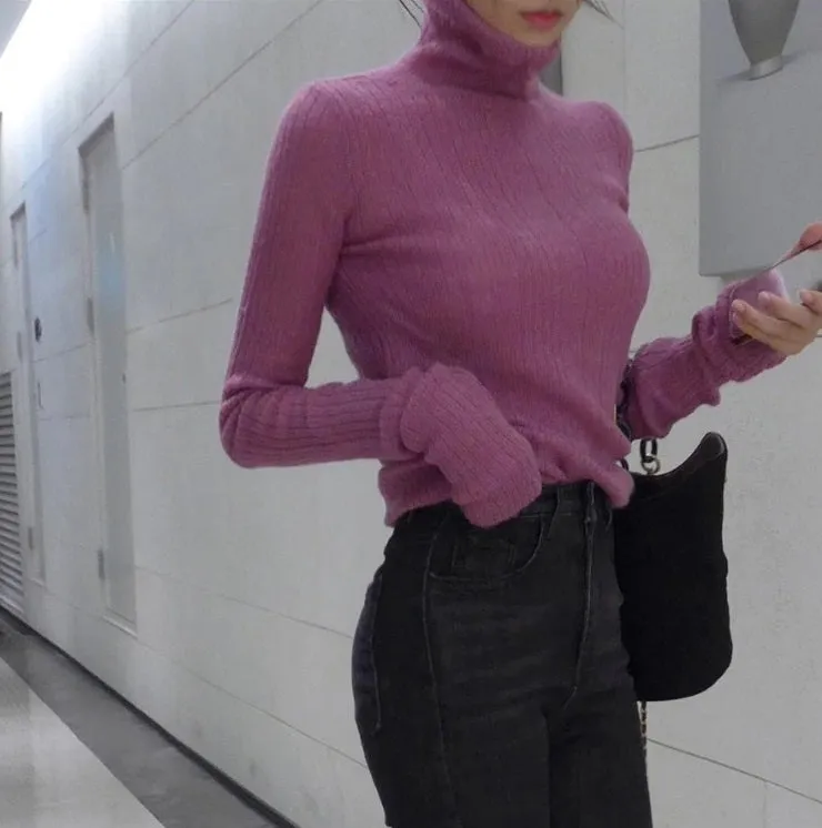 Winter Pullover Vintage Elegant Knitted Warm Sweater turtleneck Long Sleeve