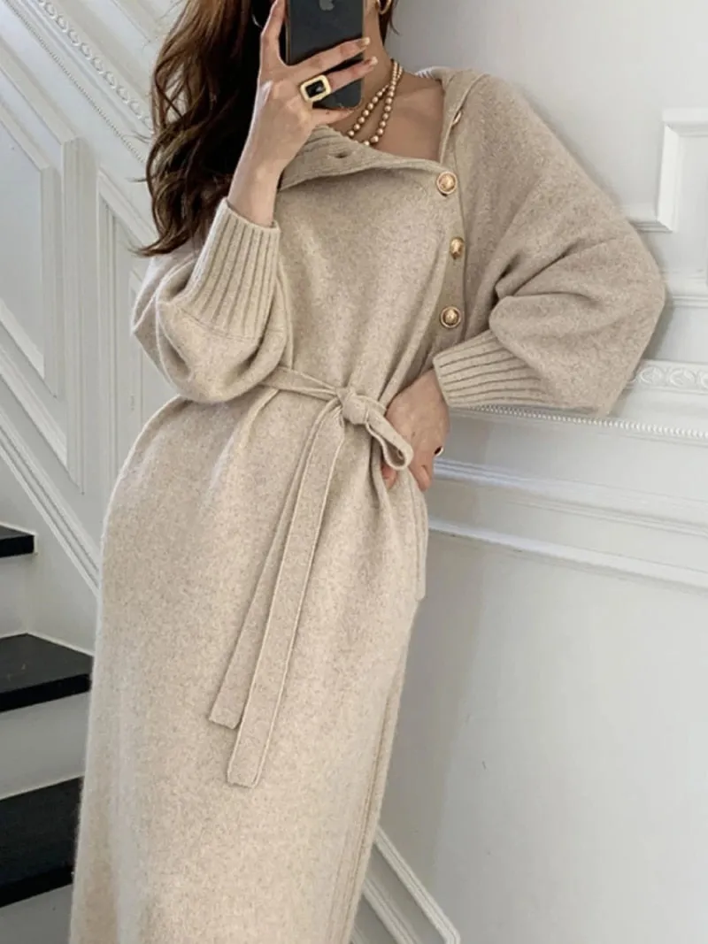 Women Turtleneck Buttons Long Sleeve Long Dress Winter Fashion Casual Loose Knitwear Dress - WD8138