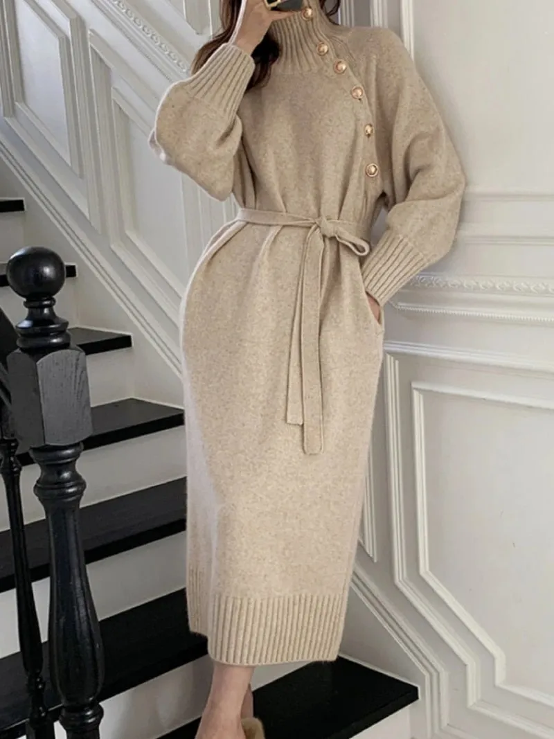 Women Turtleneck Buttons Long Sleeve Long Dress Winter Fashion Casual Loose Knitwear Dress - WD8138