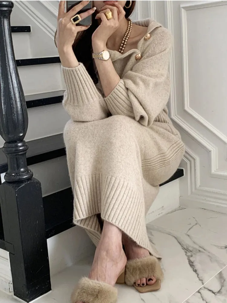 Women Turtleneck Buttons Long Sleeve Long Dress Winter Fashion Casual Loose Knitwear Dress - WD8138