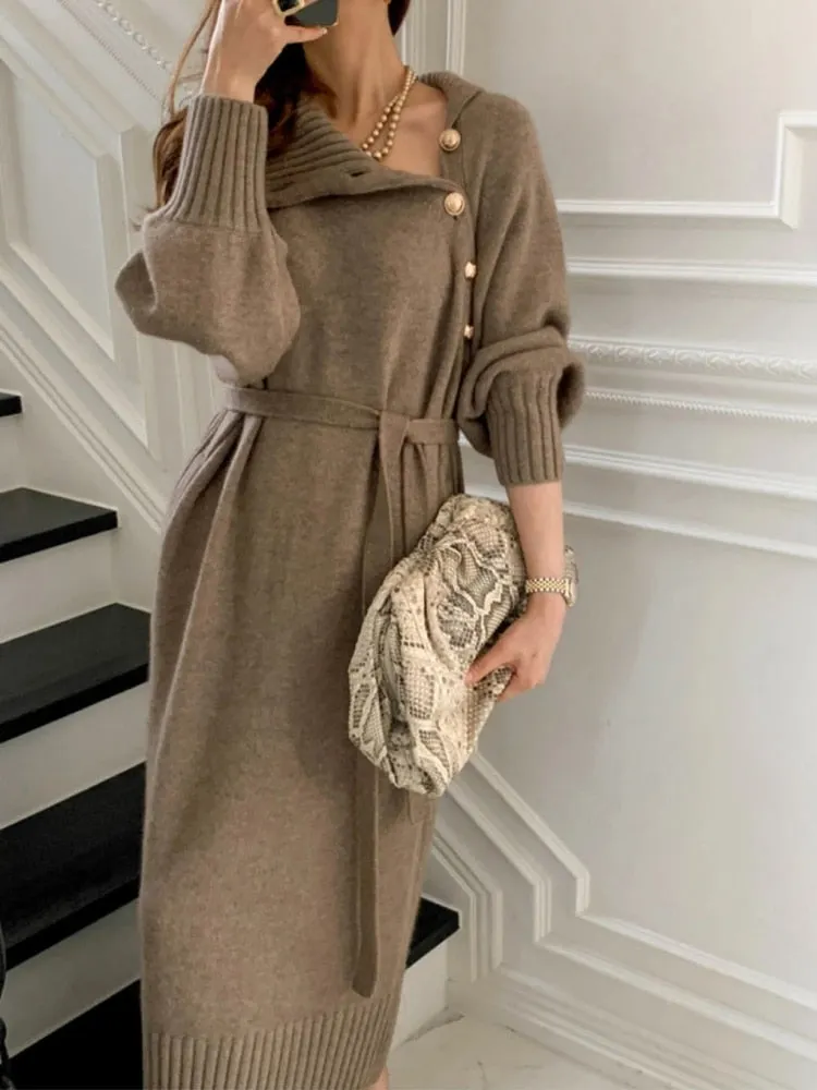 Women Turtleneck Buttons Long Sleeve Long Dress Winter Fashion Casual Loose Knitwear Dress - WD8138