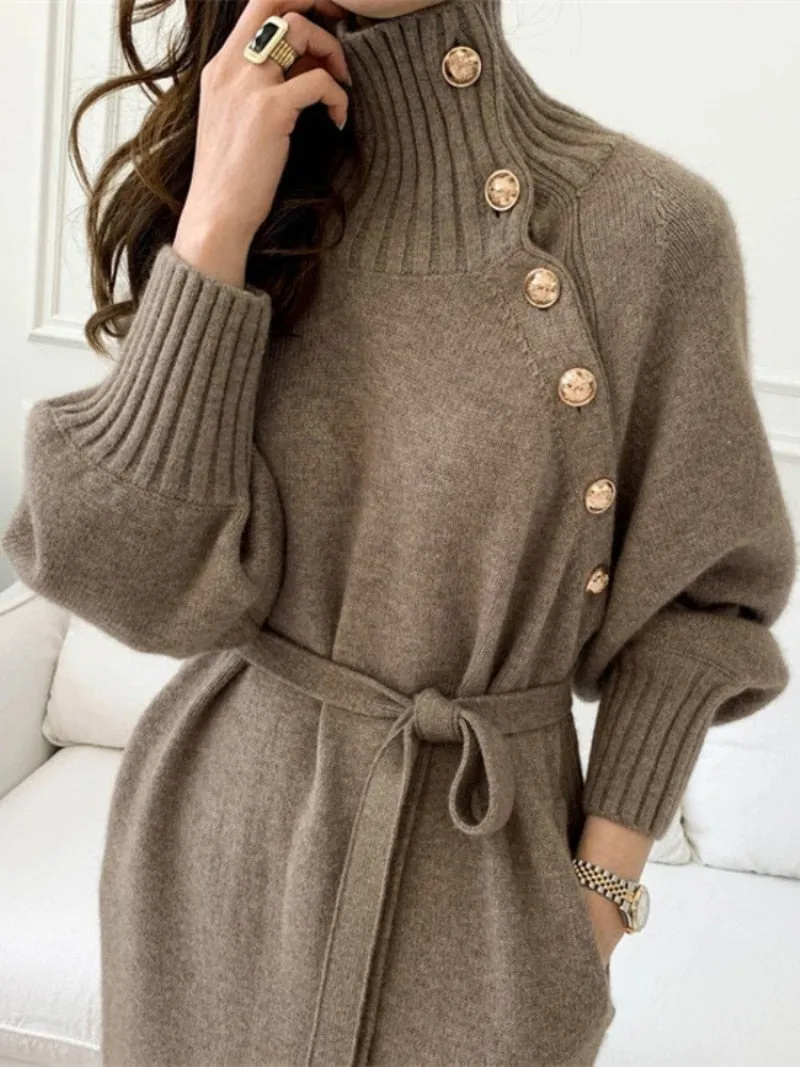 Women Turtleneck Buttons Long Sleeve Long Dress Winter Fashion Casual Loose Knitwear Dress - WD8138