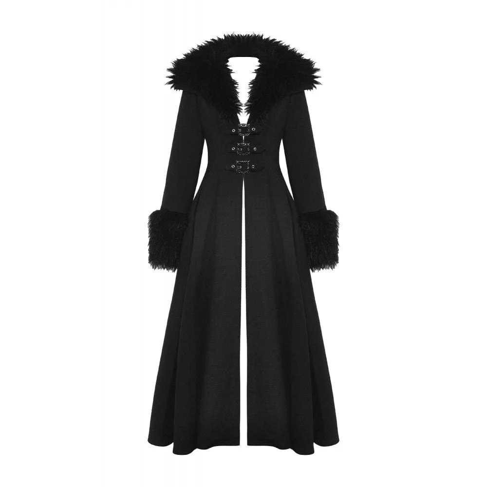 Women's Gothic Buckle Draped Coat with Faux Fur Collar