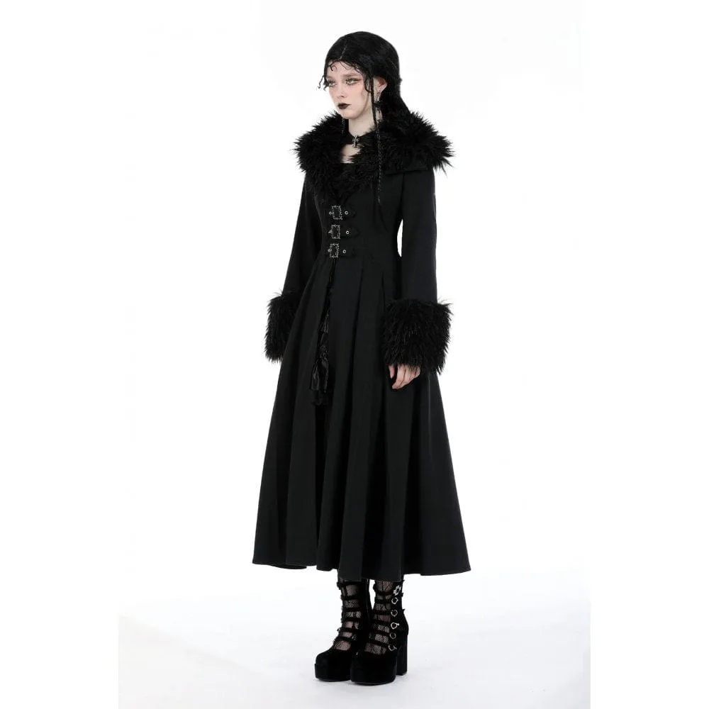 Women's Gothic Buckle Draped Coat with Faux Fur Collar