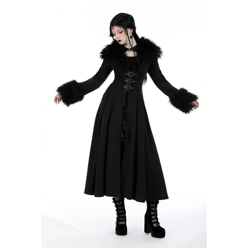 Women's Gothic Buckle Draped Coat with Faux Fur Collar