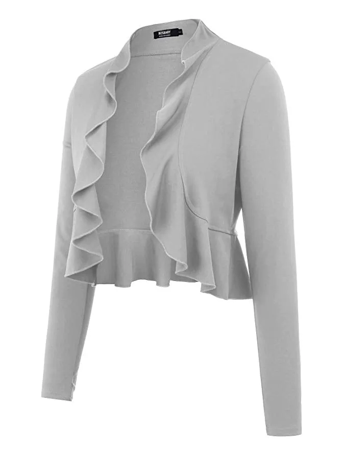 Women's Open Front Cropped Cardigan Long Sleeve Casual Shrugs Jacket Draped Ruffles Lightweight Sweaters