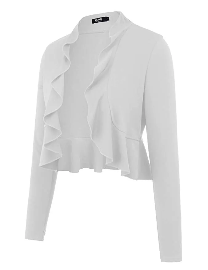 Women's Open Front Cropped Cardigan Long Sleeve Casual Shrugs Jacket Draped Ruffles Lightweight Sweaters