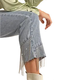 Women's Rock & Roll Chain Fringe Hem Crop Jean