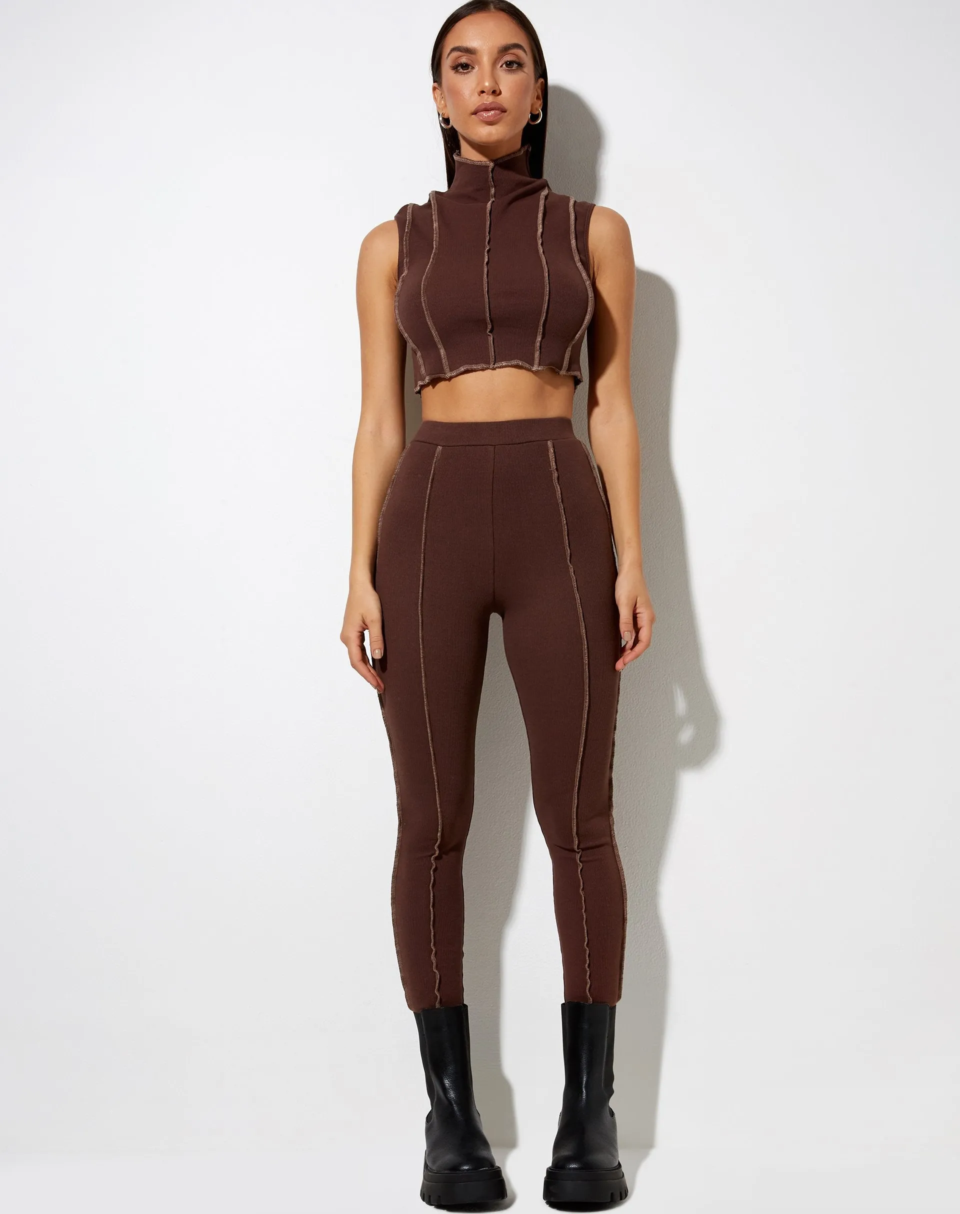 Xario Legging in Deep Mahogany with Lighter Brown Stitch