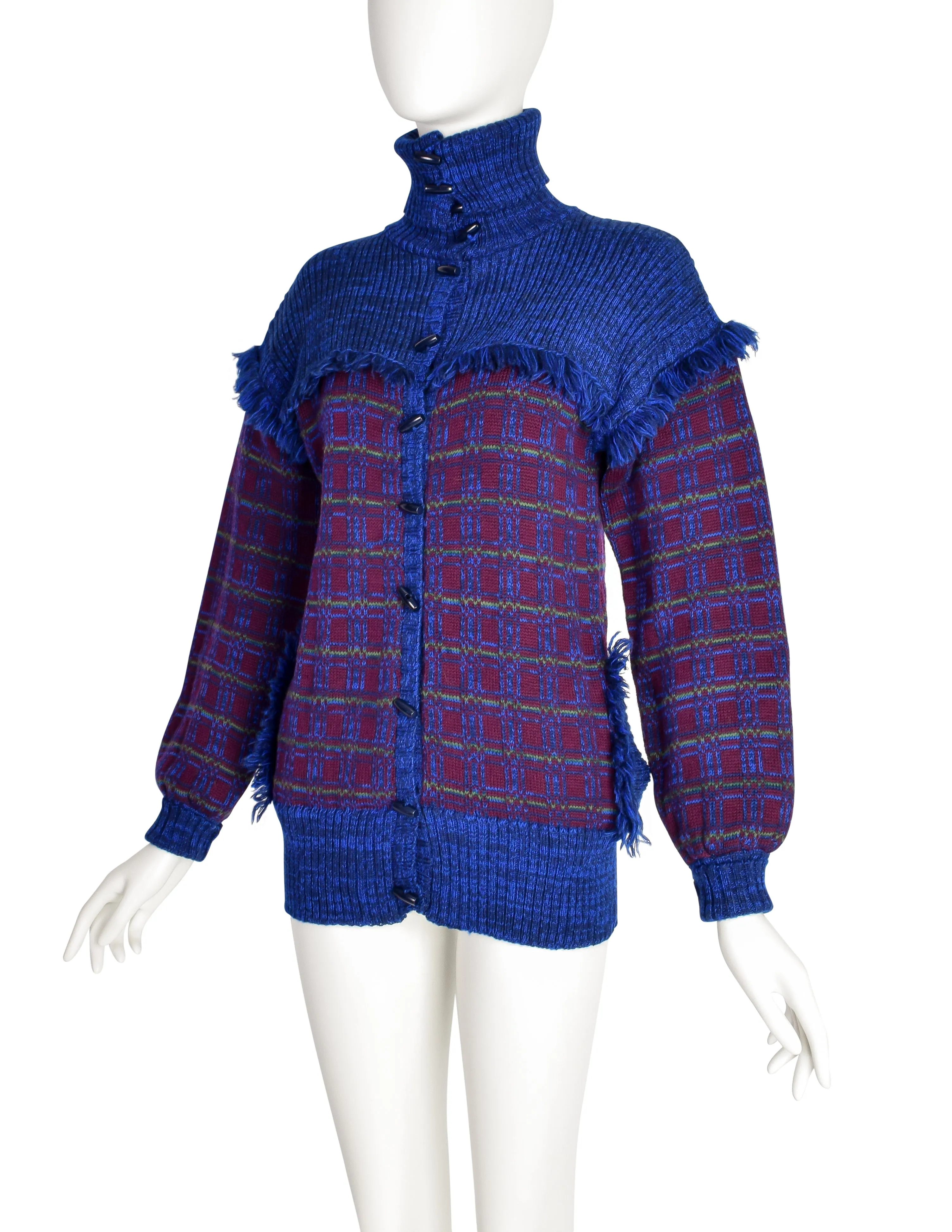 Yves Saint Laurent Vintage AW 1977 Blue Burgundy Plaid Knit Fringe Button Up Cardigan Sweater Jacket