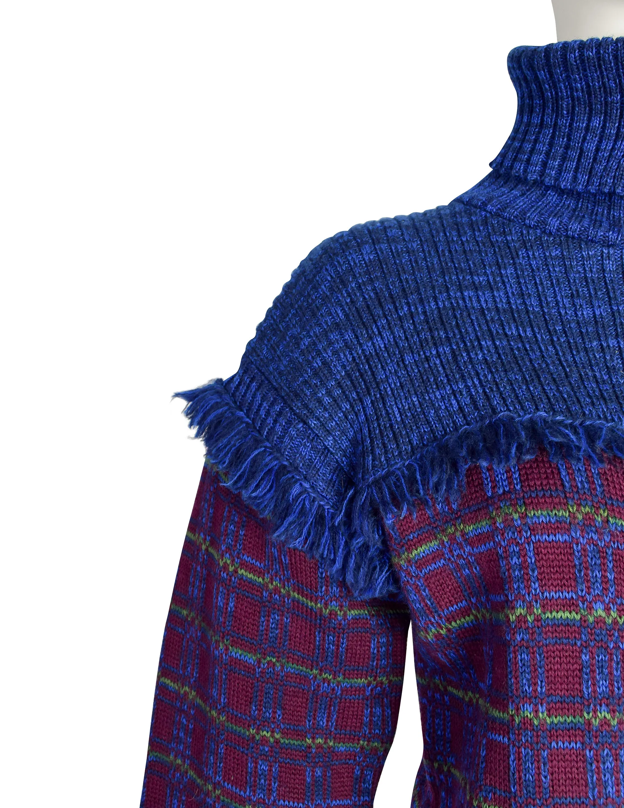 Yves Saint Laurent Vintage AW 1977 Blue Burgundy Plaid Knit Fringe Button Up Cardigan Sweater Jacket