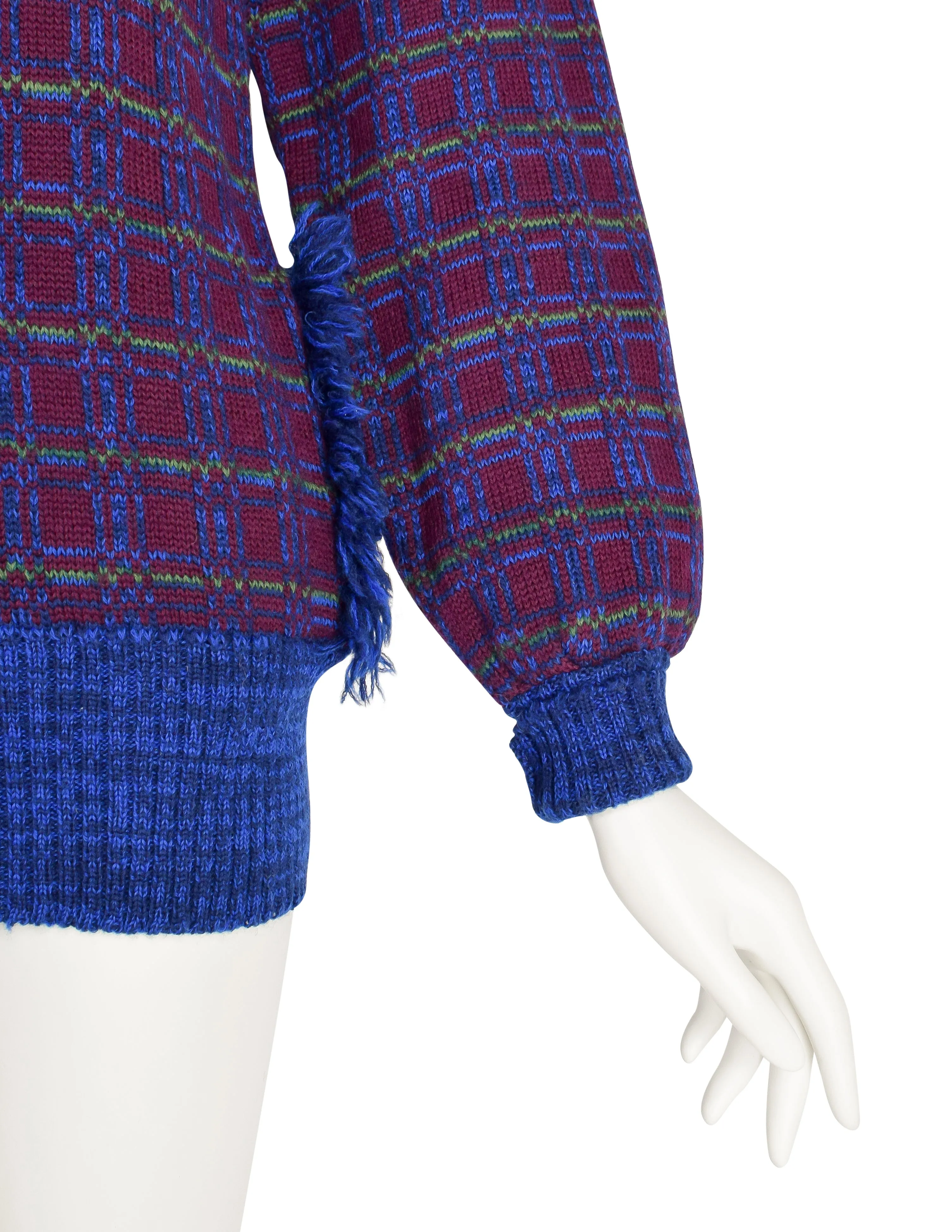 Yves Saint Laurent Vintage AW 1977 Blue Burgundy Plaid Knit Fringe Button Up Cardigan Sweater Jacket