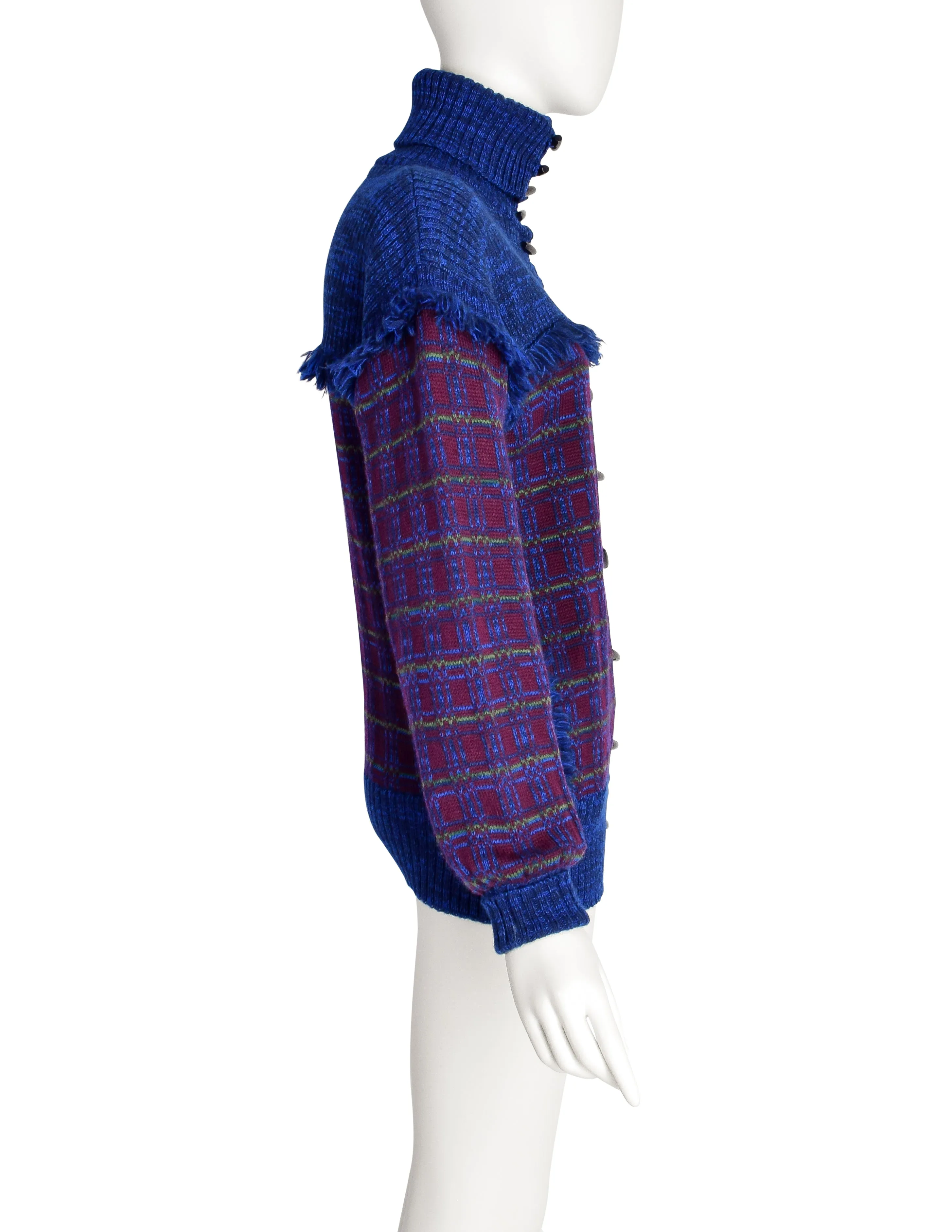 Yves Saint Laurent Vintage AW 1977 Blue Burgundy Plaid Knit Fringe Button Up Cardigan Sweater Jacket