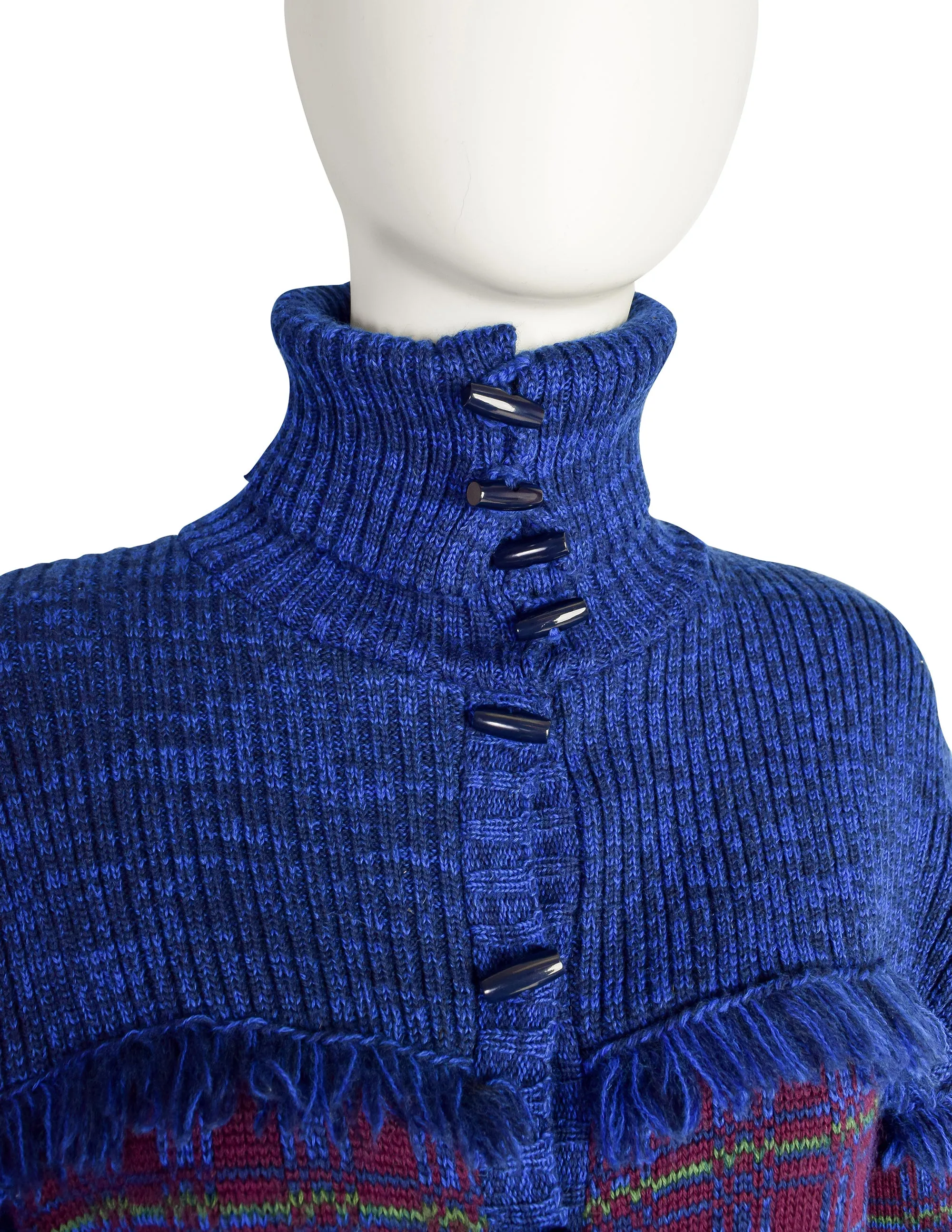 Yves Saint Laurent Vintage AW 1977 Blue Burgundy Plaid Knit Fringe Button Up Cardigan Sweater Jacket