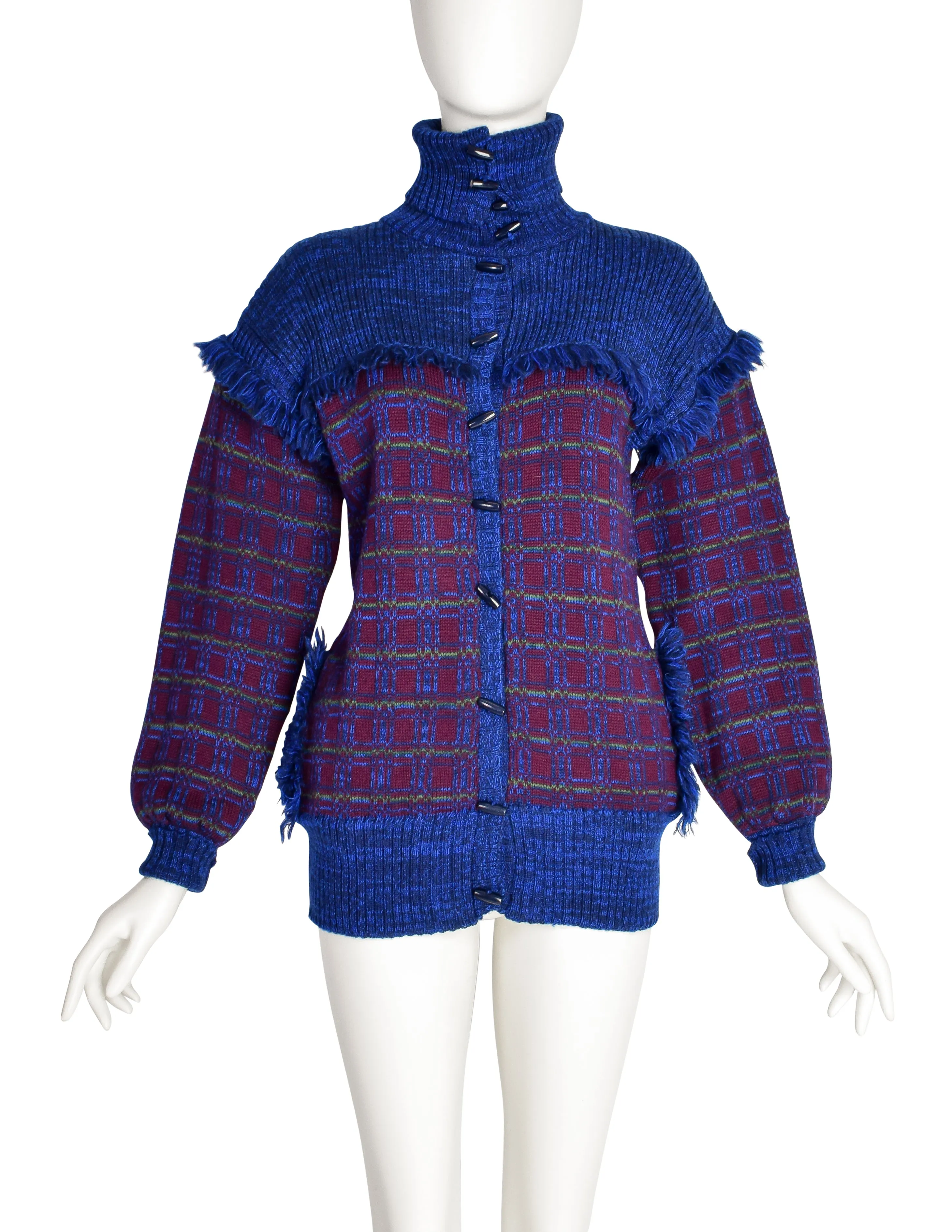 Yves Saint Laurent Vintage AW 1977 Blue Burgundy Plaid Knit Fringe Button Up Cardigan Sweater Jacket